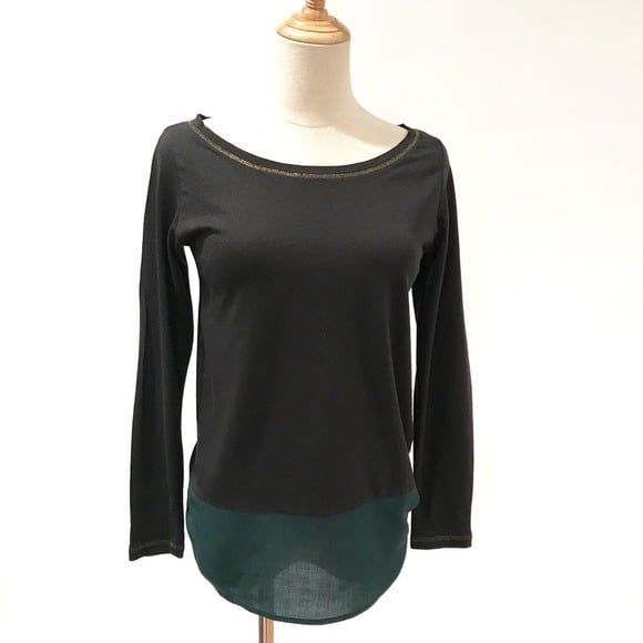 Zara Trafaluc Collection Black T-Shirt Wide Neck Small Metallic Thread Green - Picture 1 of 6